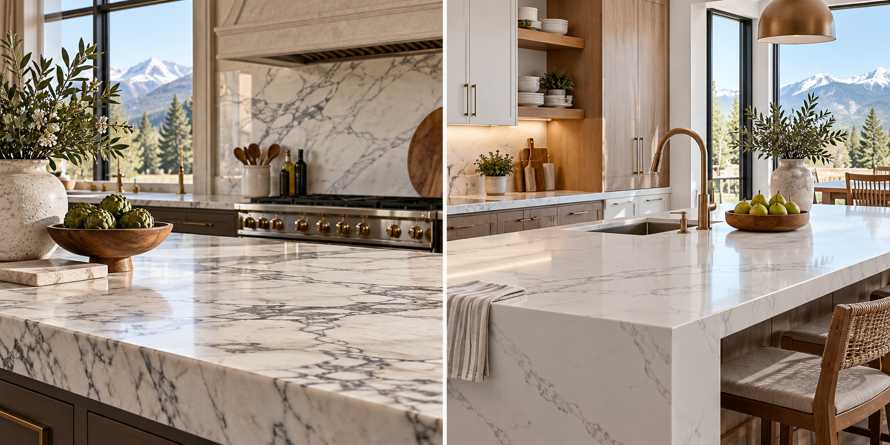 real marble countertop in a kitchen and a marble-look a like